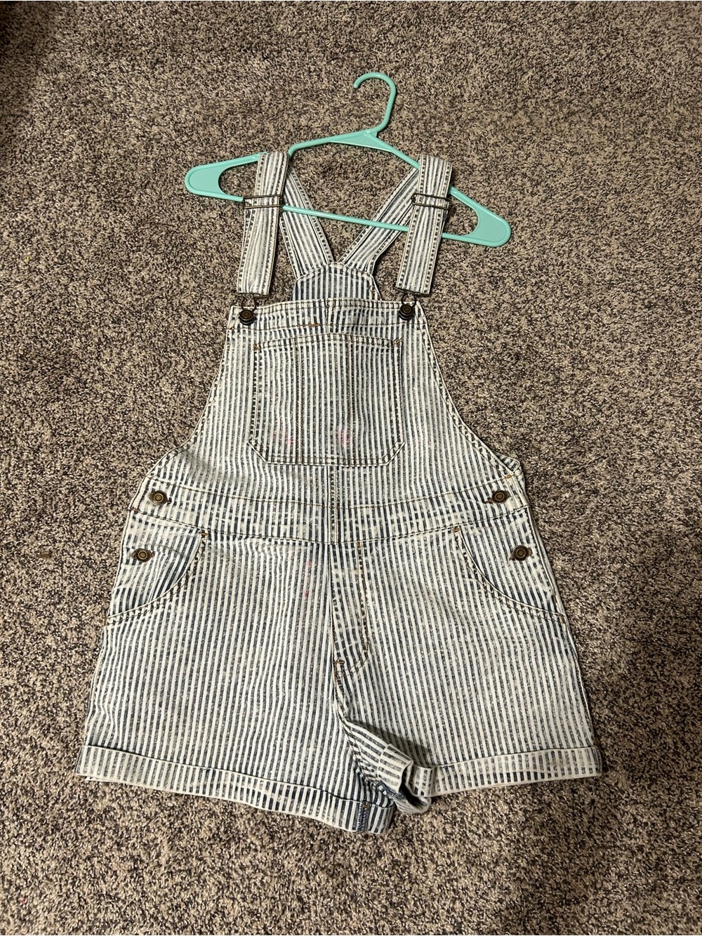 Striped Denim Short Overalls - Light Blue & White (has little pink stain)